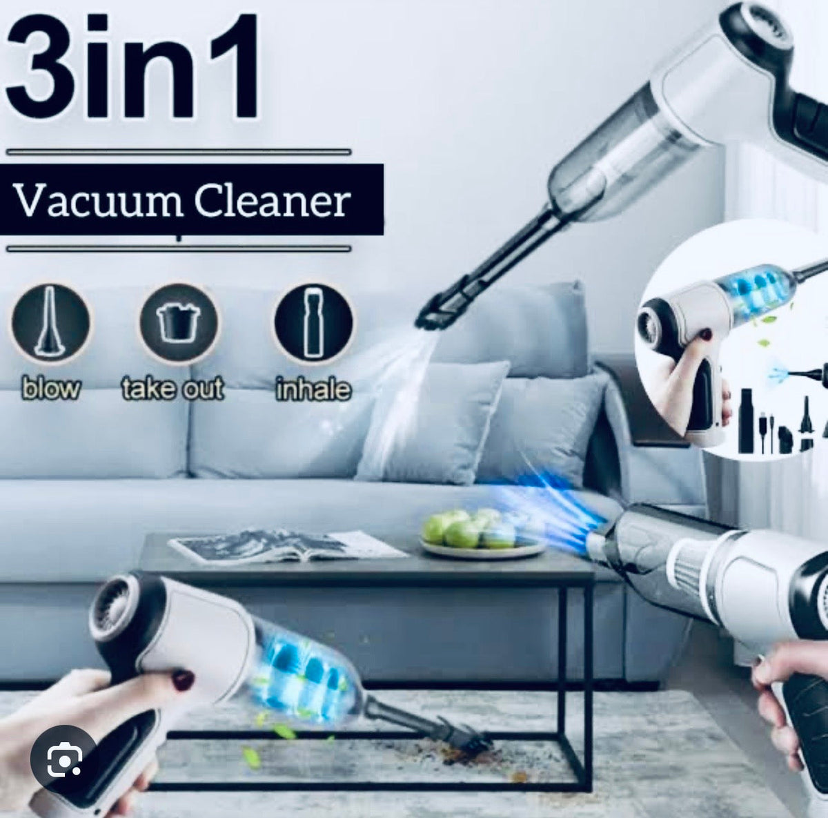 LuxeClean™ 3-in-1 Wireless Handheld Vacuum – Duster, Blower & Air Pump